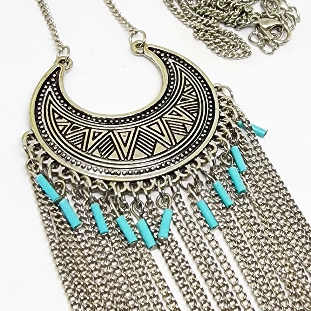 Southwest Tribal Modern Silver Long Fringe Turquoise Accent LONG 40" Necklace